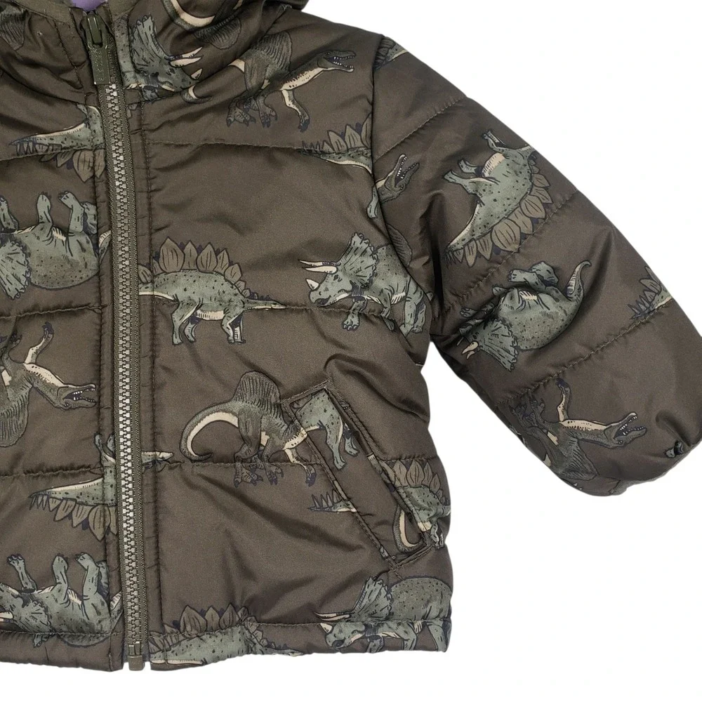 Carter's Dinosaur Puffer Jacket Kids‎ 12M Olive Green Winter Warm Coat